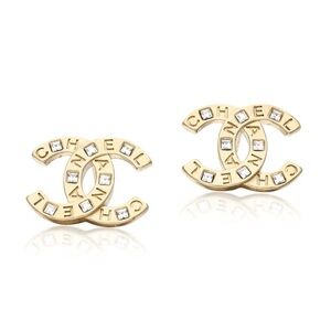 CHANEL Light Gold Metal, Strass CC Letter Logo Earrings